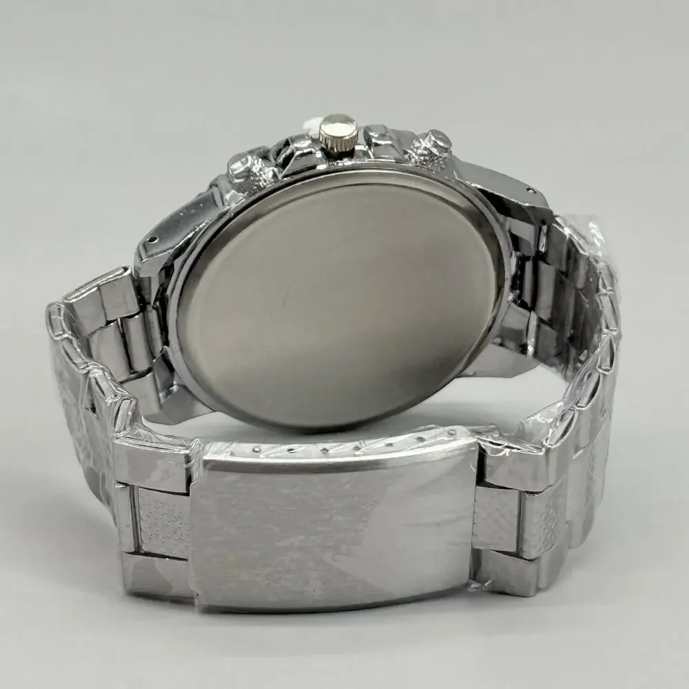 Zhowe Men's Silver Tone Quartz Wristwatch Chronograph Look Textured Bezel New